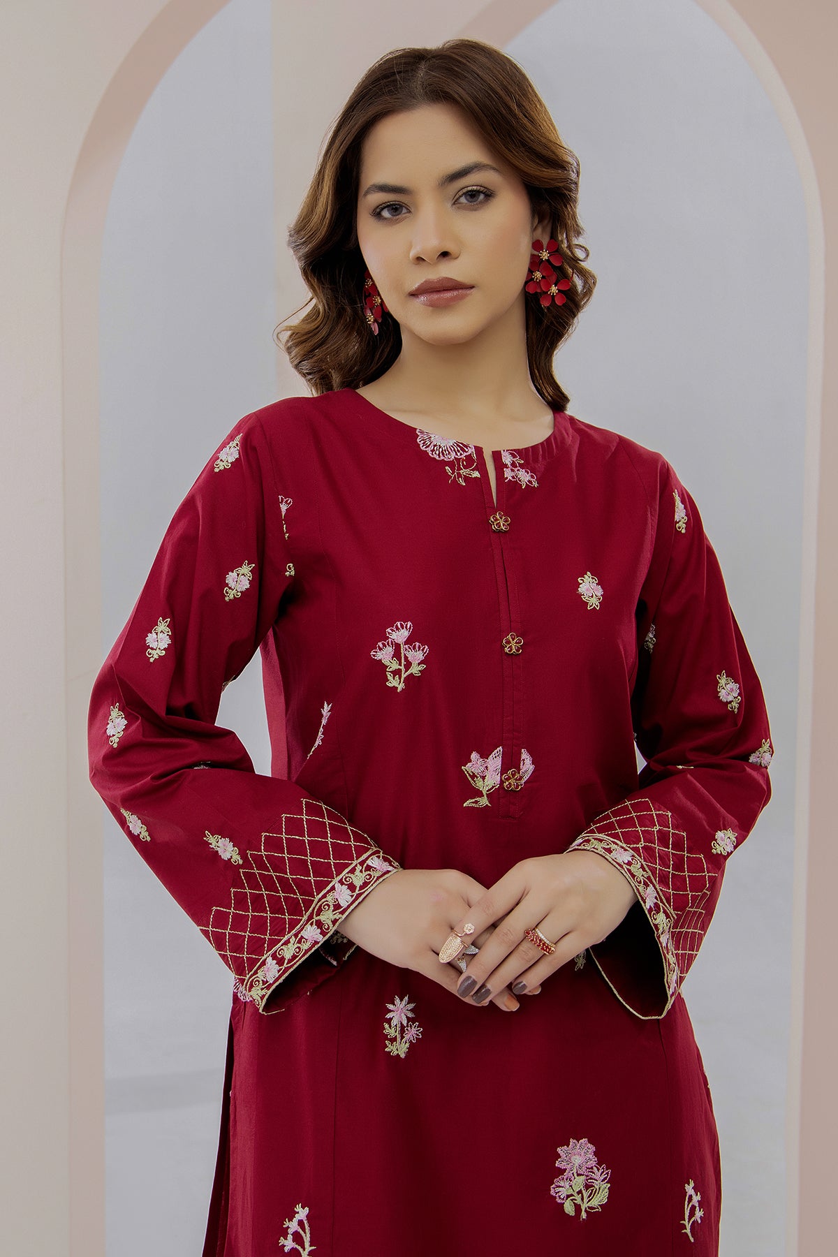 2Pc - Embroidered Solid Dress