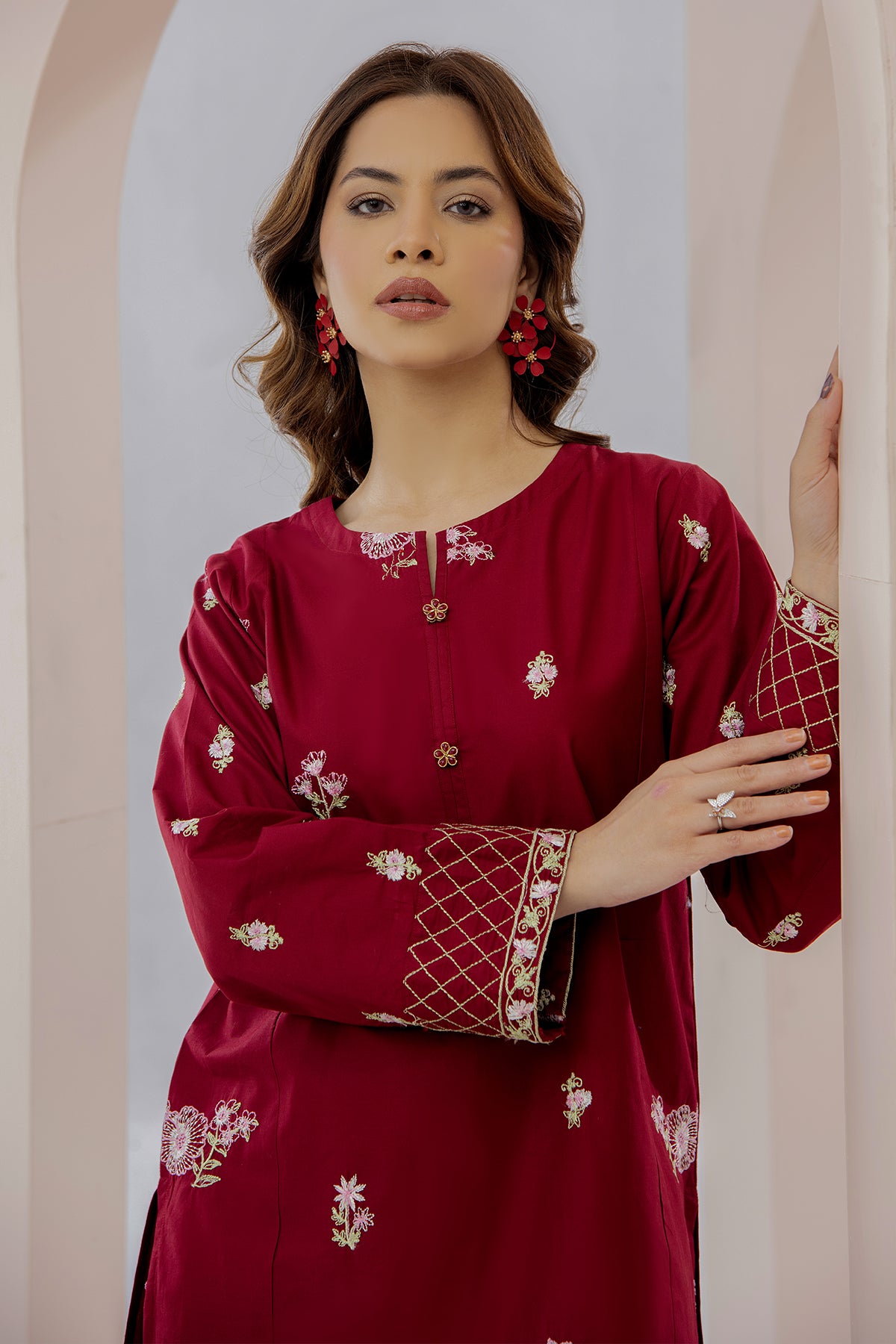 2Pc - Embroidered Solid Dress