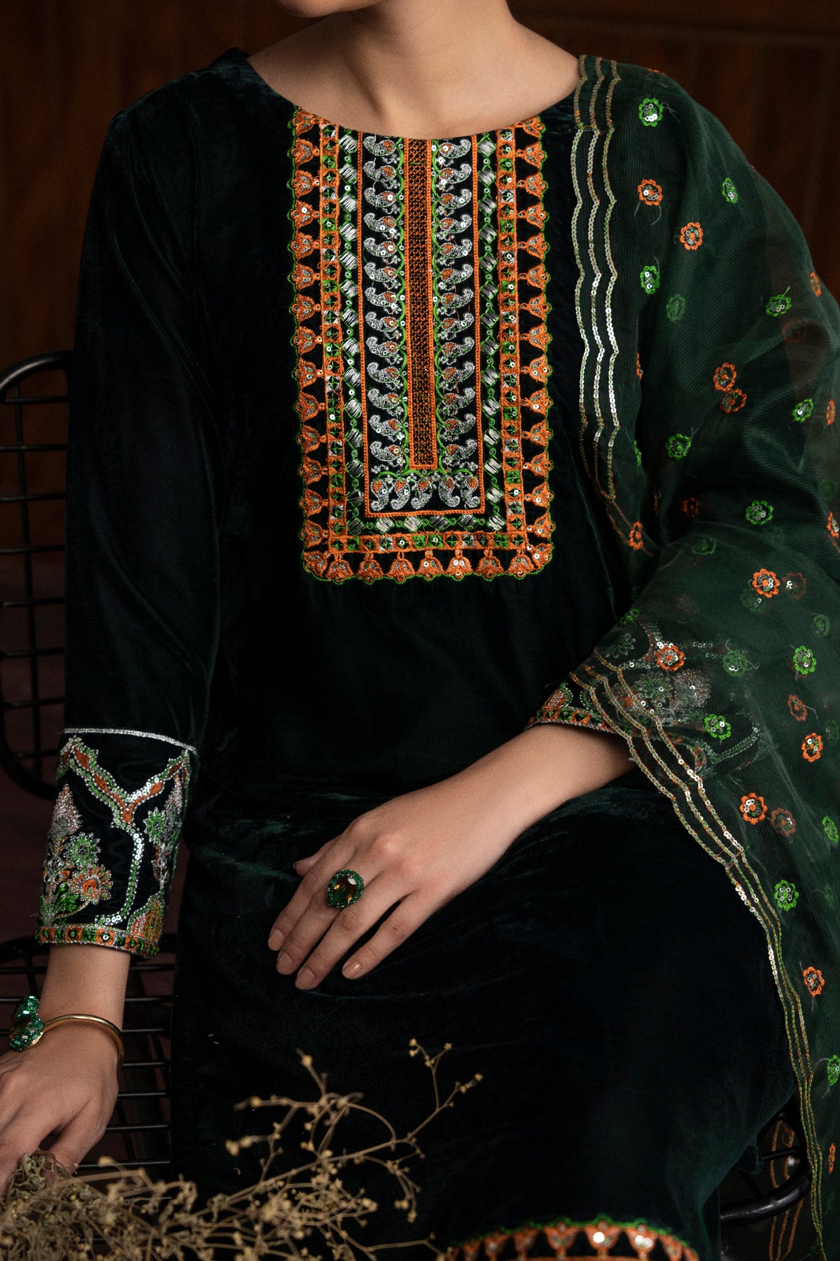 3 Piece - Embroidered Velvet Suit