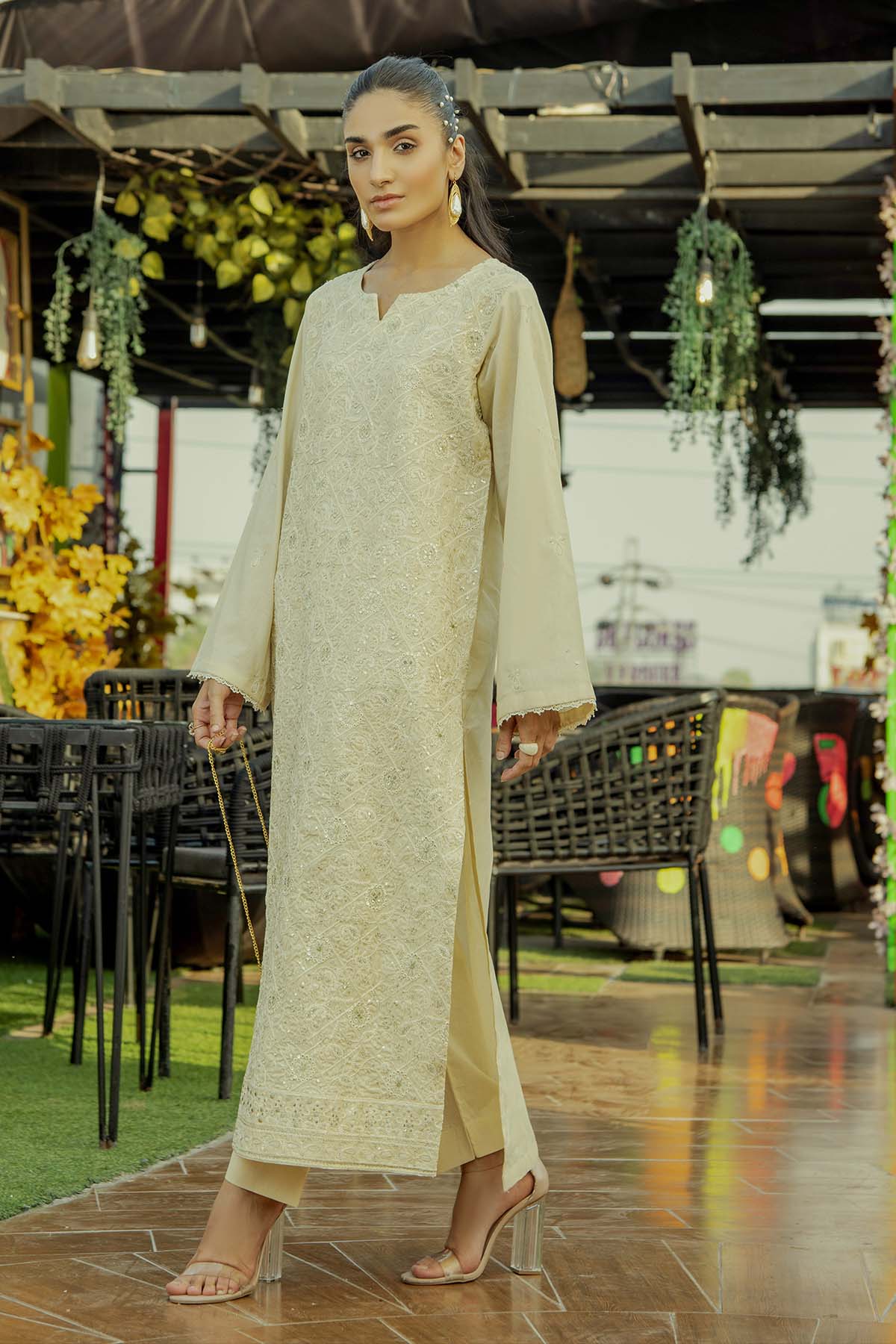 2Pc - Embroidered Solid Dress