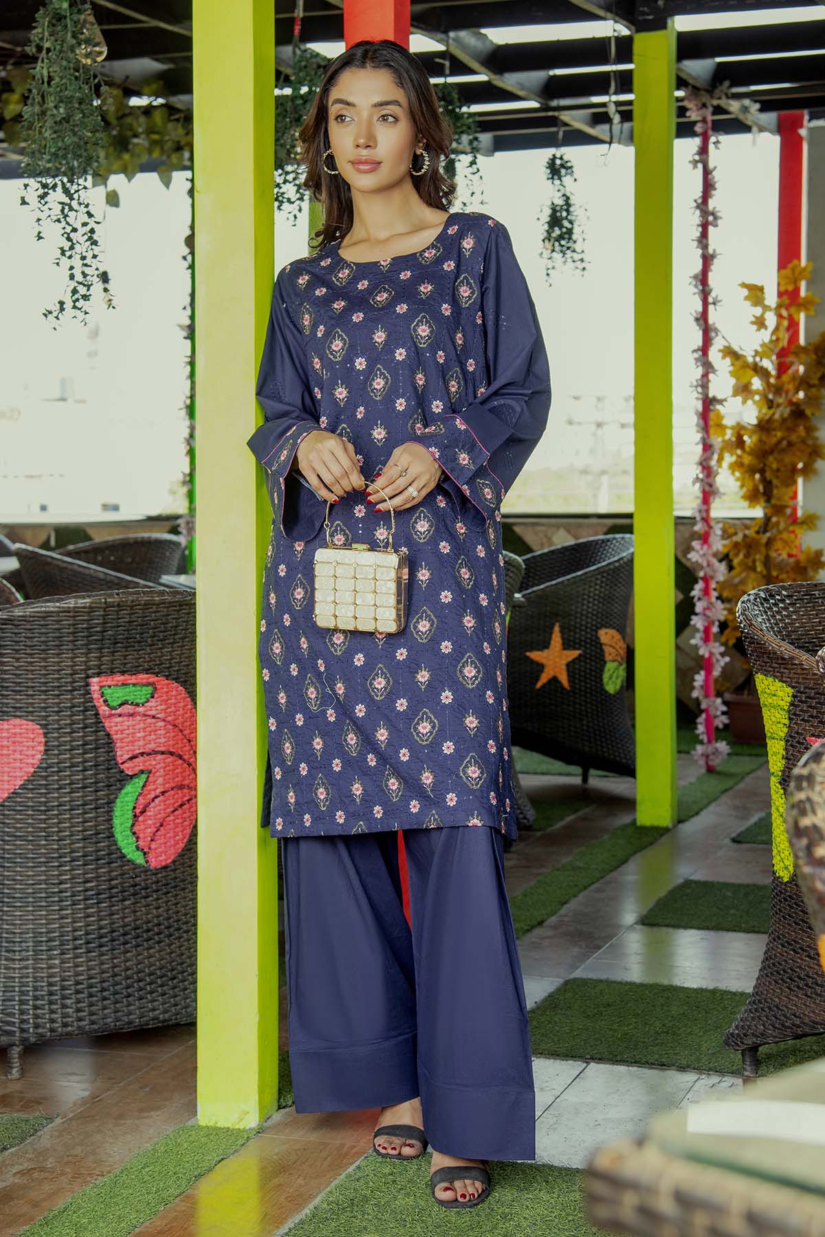 2Pc - Embroidered Solid Dress