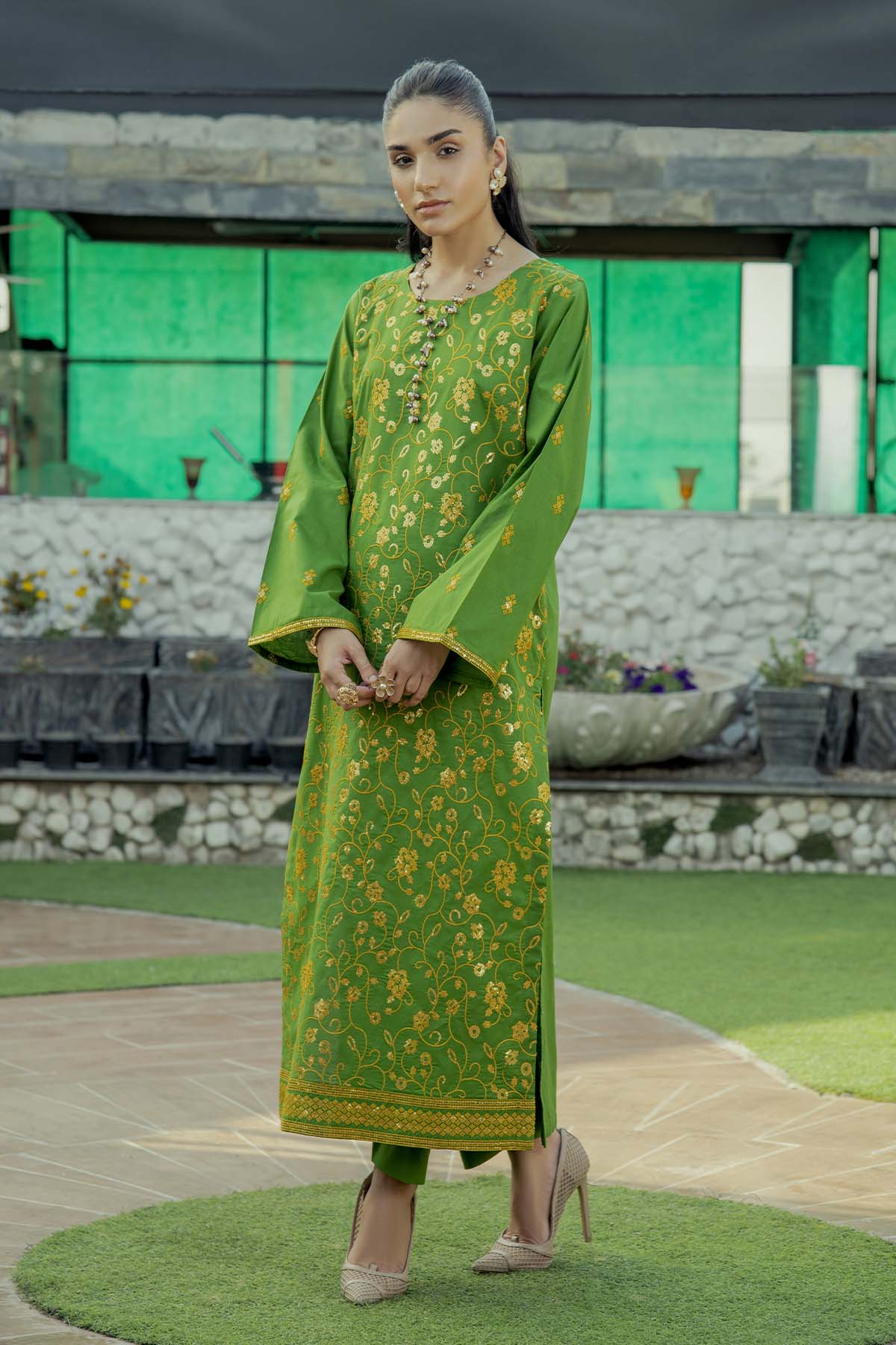 2Pc - Embroidered Solid Dress