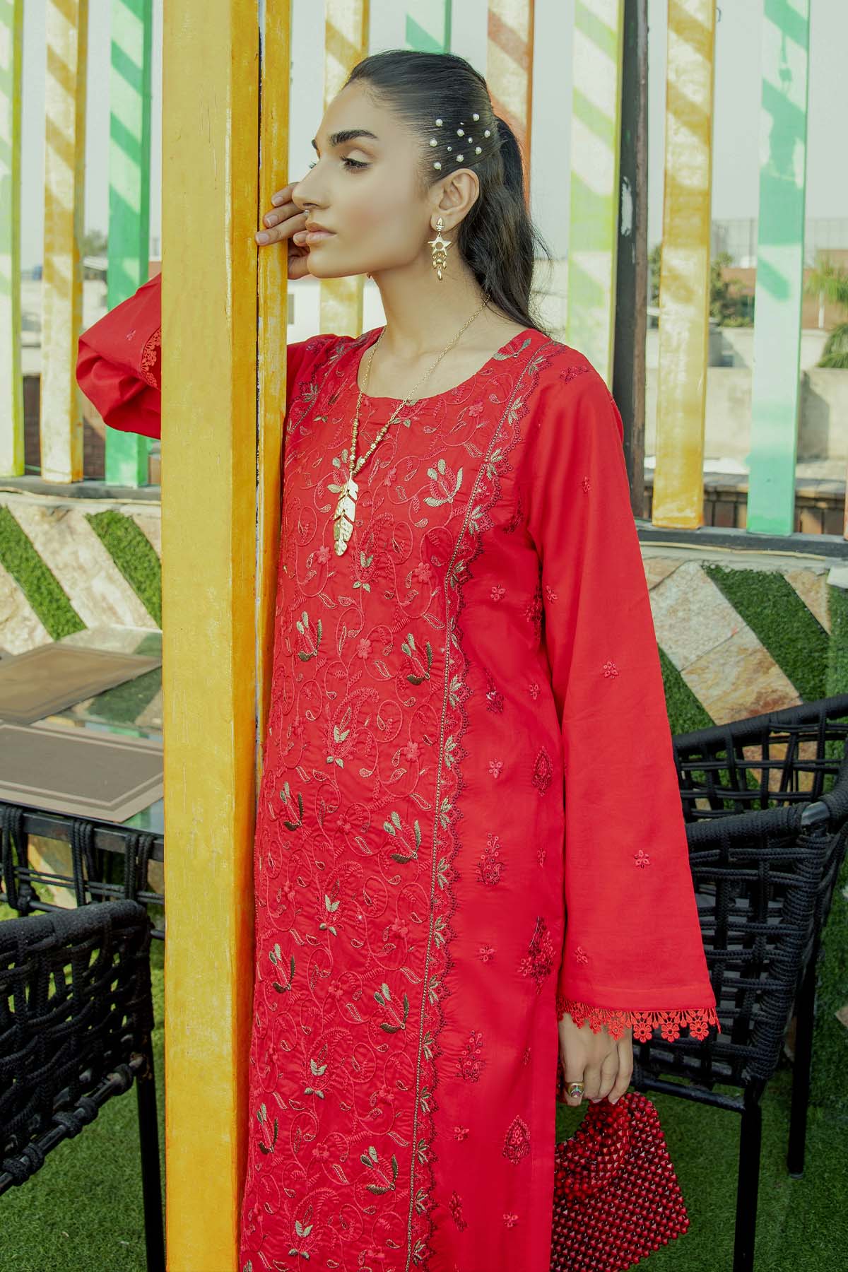 2Pc - Embroidered Solid Dress