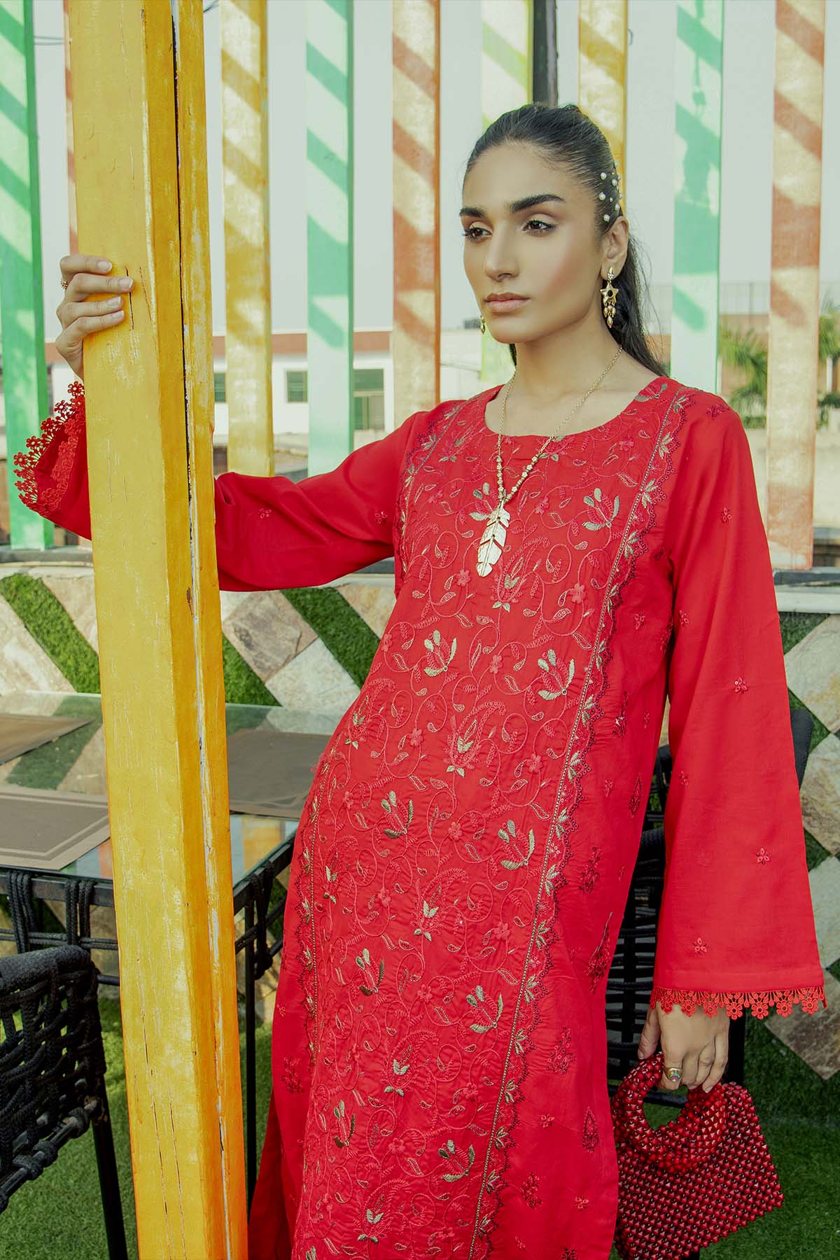 2Pc - Embroidered Solid Dress