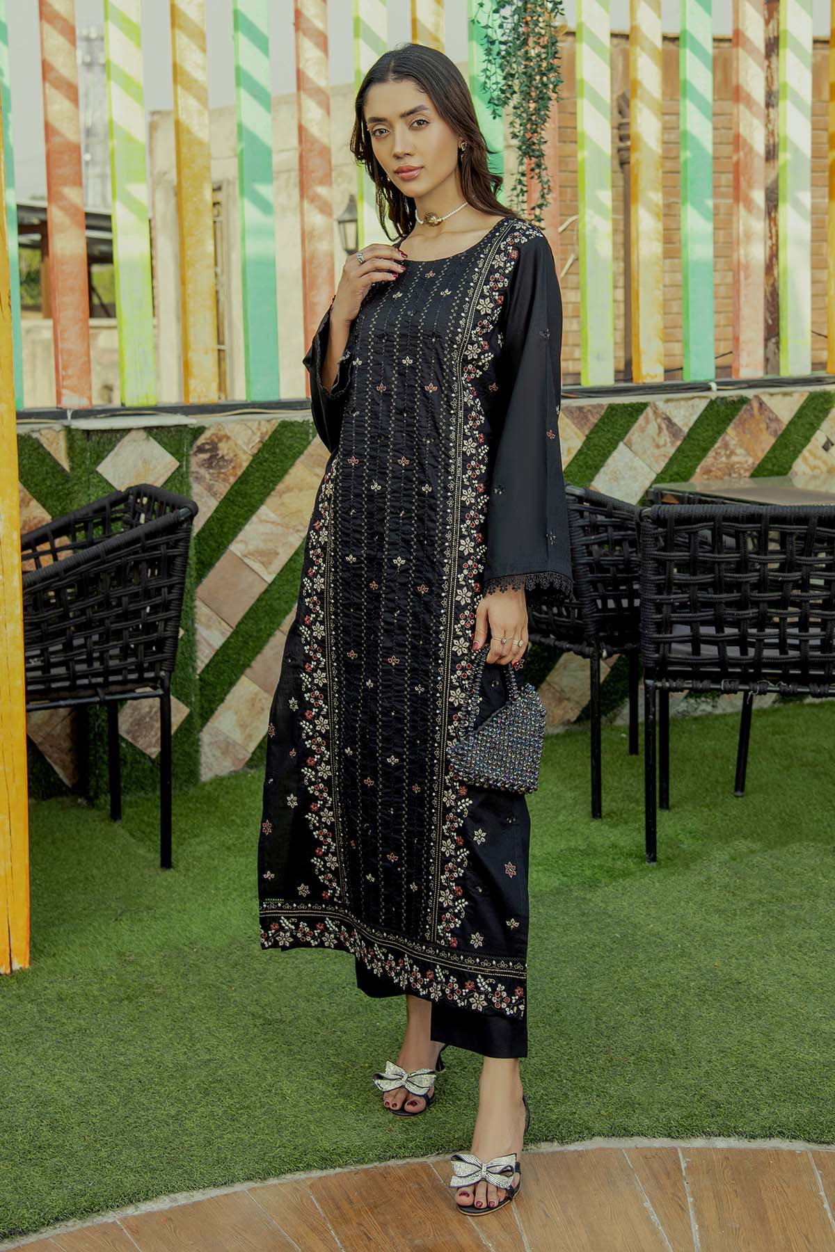 2Pc - Embroidered Solid Dress