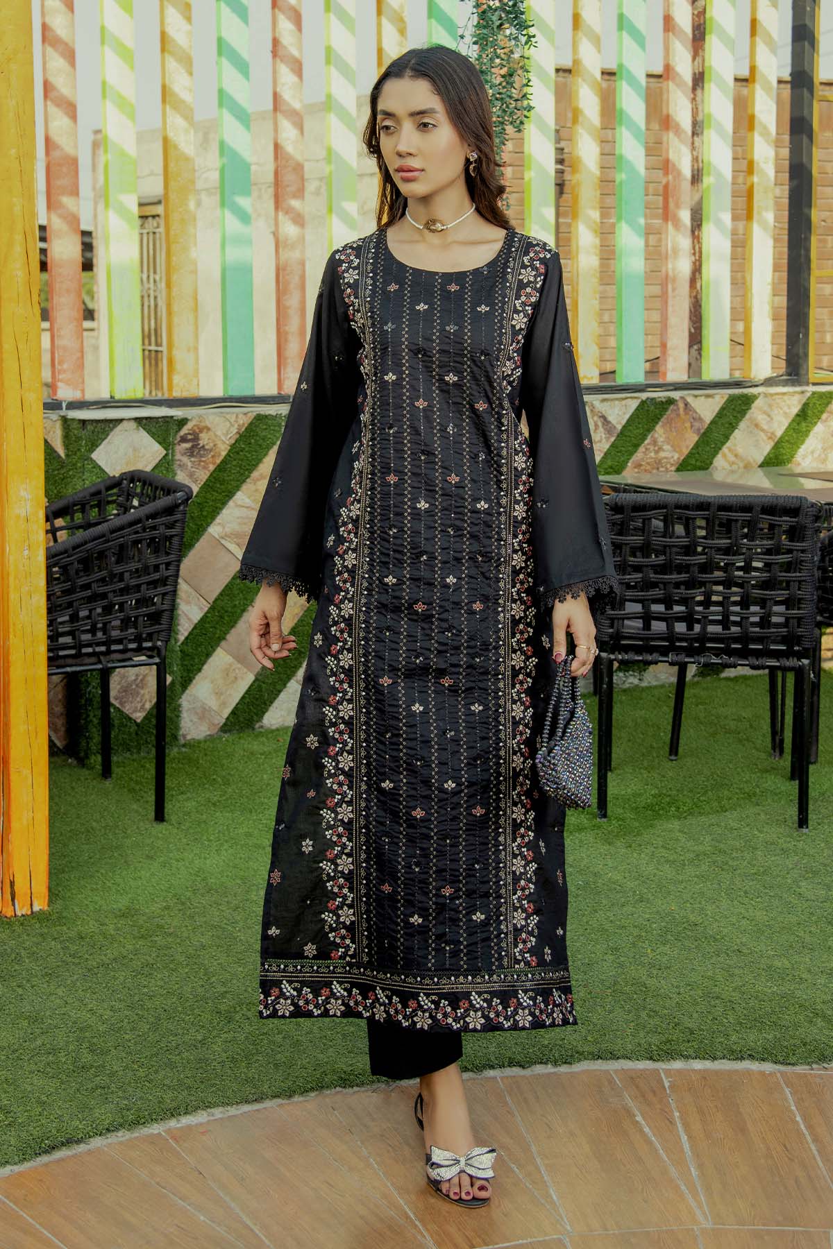 2Pc - Embroidered Solid Dress