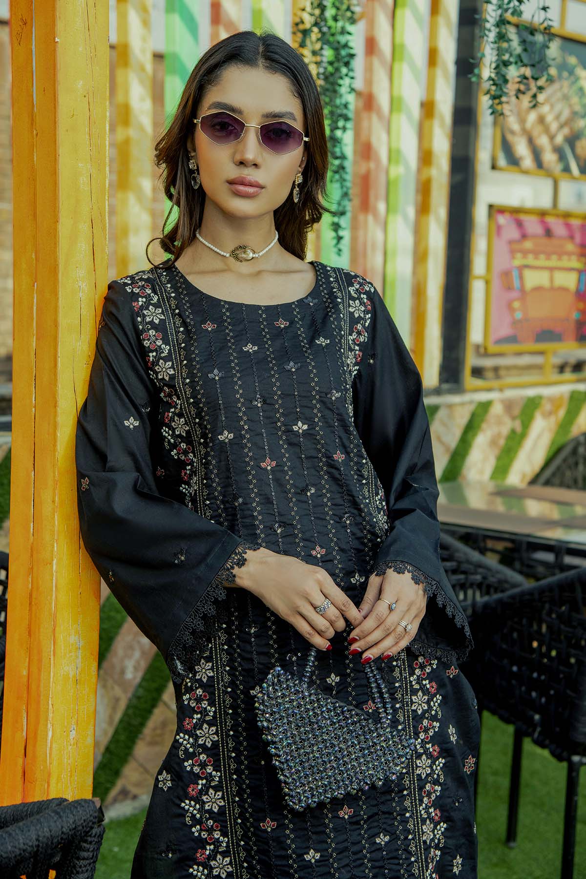 2Pc - Embroidered Solid Dress