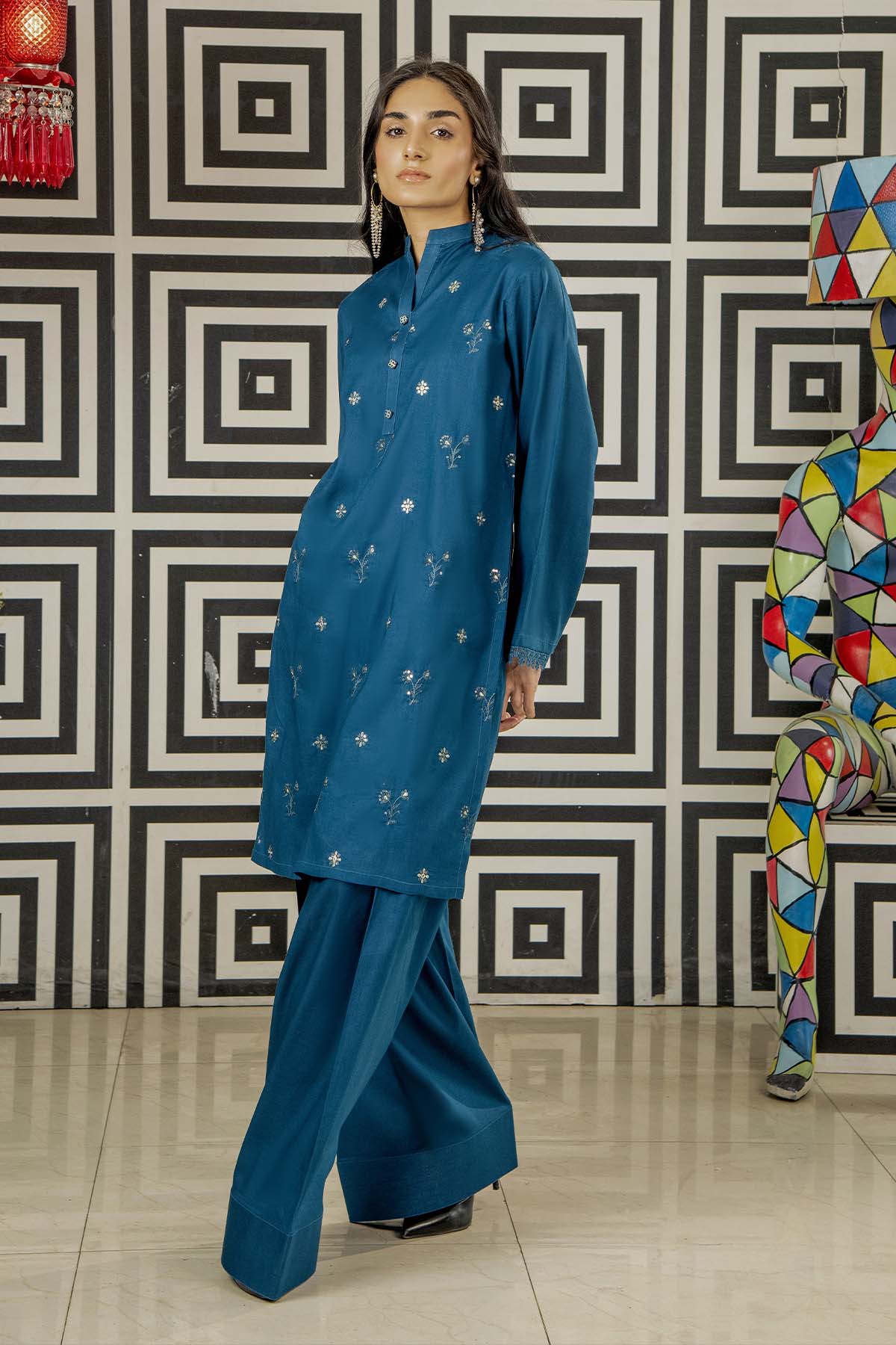 2Pc - Embroidered Solid Dress