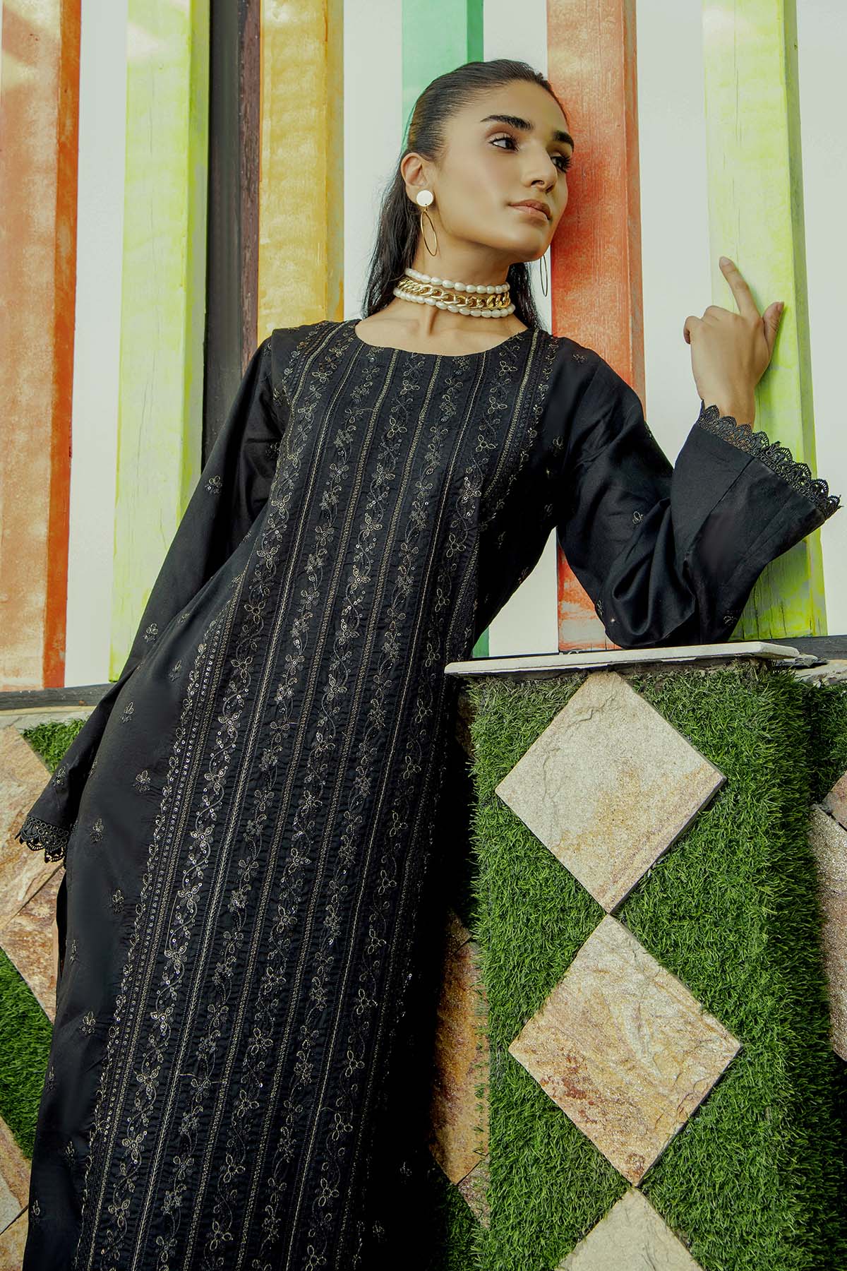 2Pc - Embroidered Solid Dress