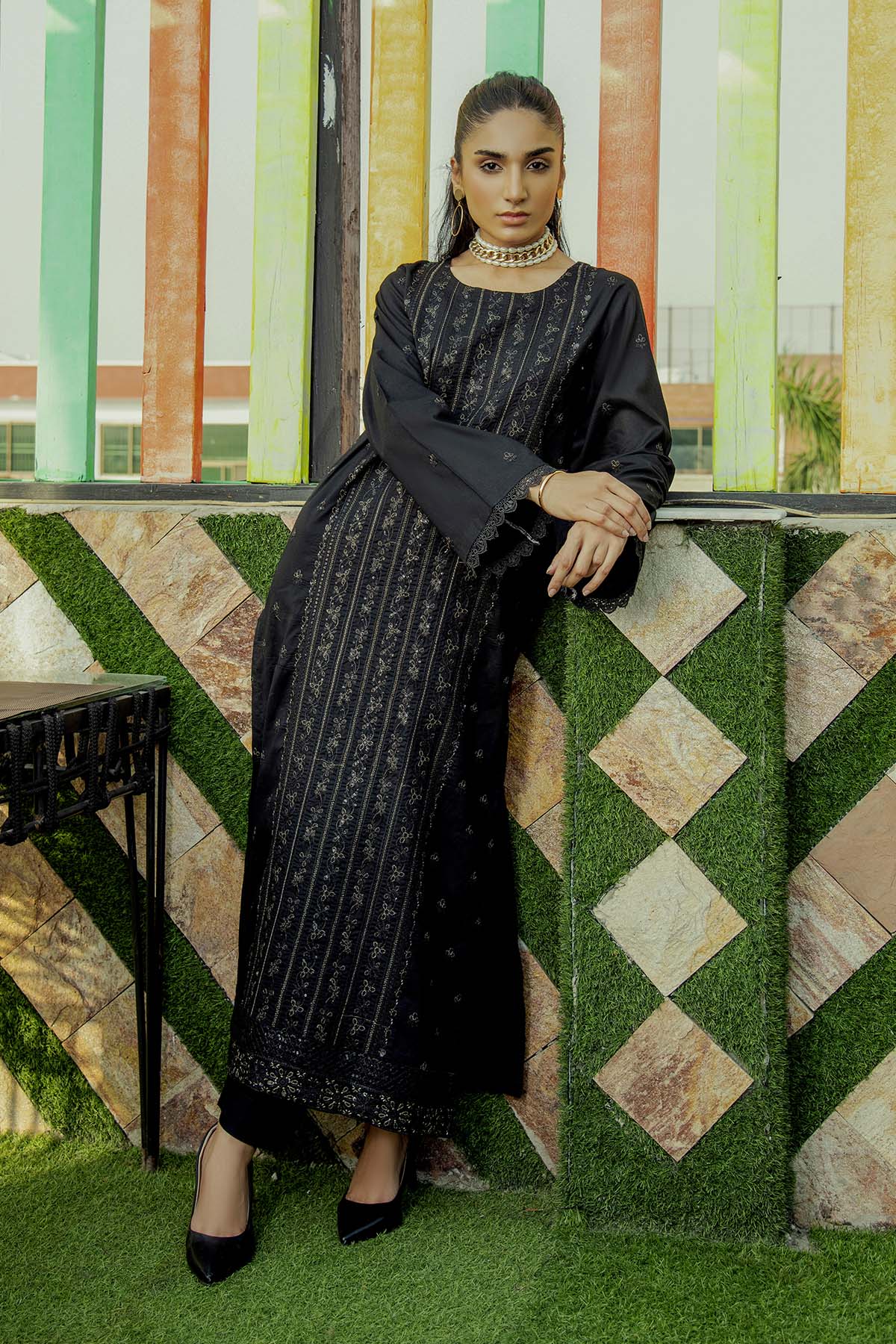 2Pc - Embroidered Solid Dress