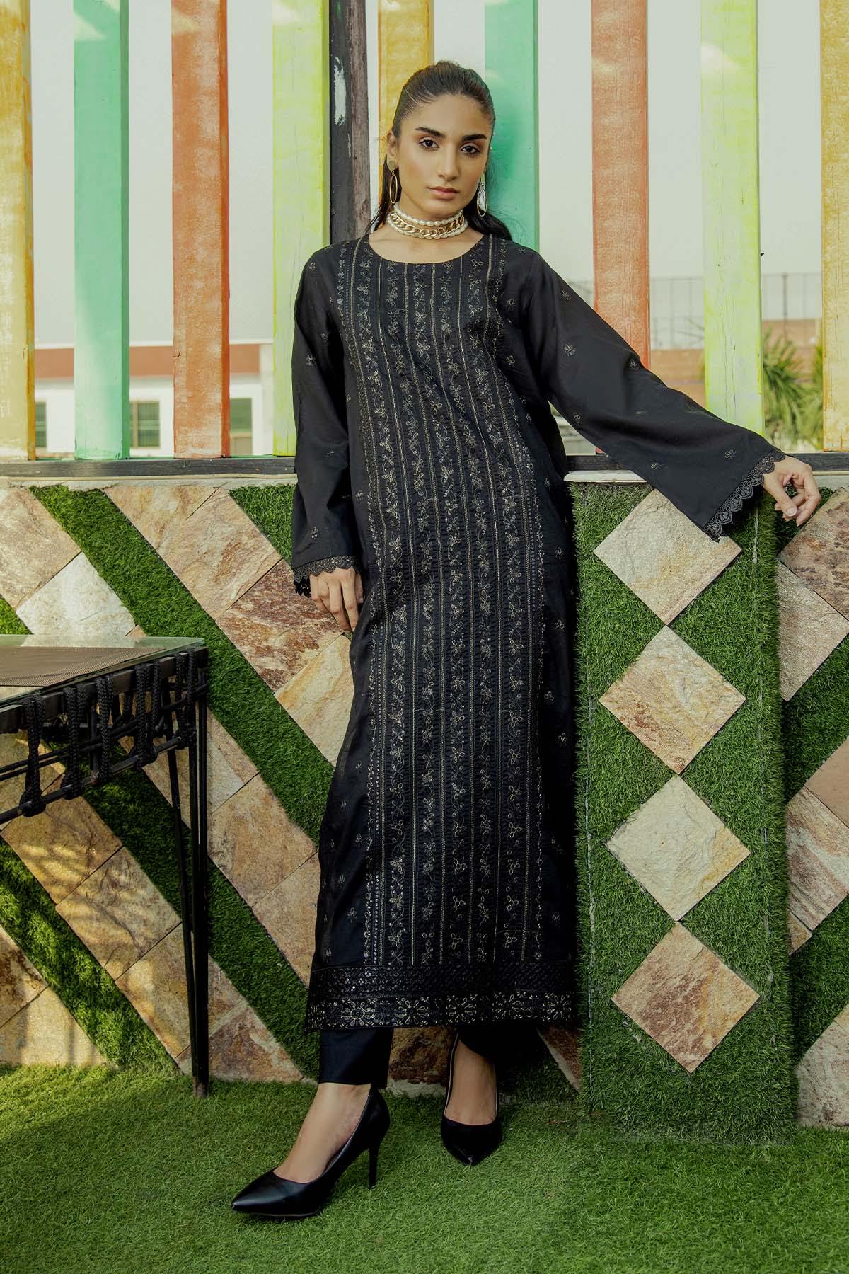2Pc - Embroidered Solid Dress