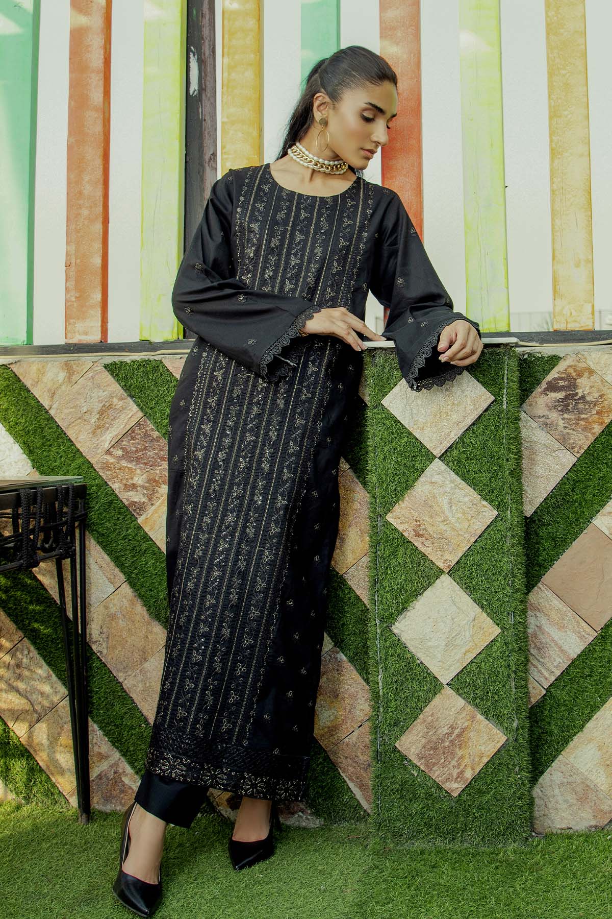 2Pc - Embroidered Solid Dress