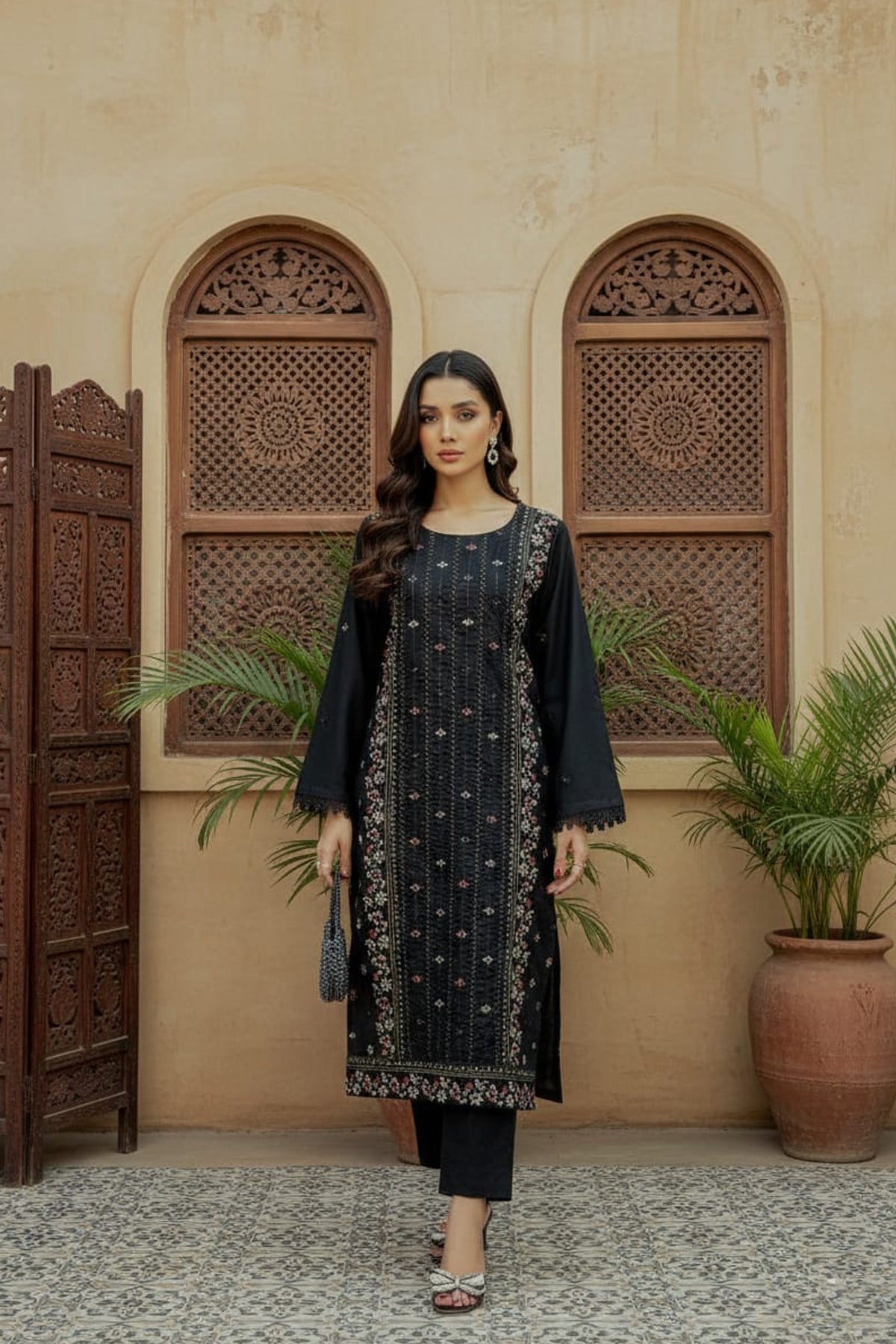 2Pc - Embroidered Solid Dress