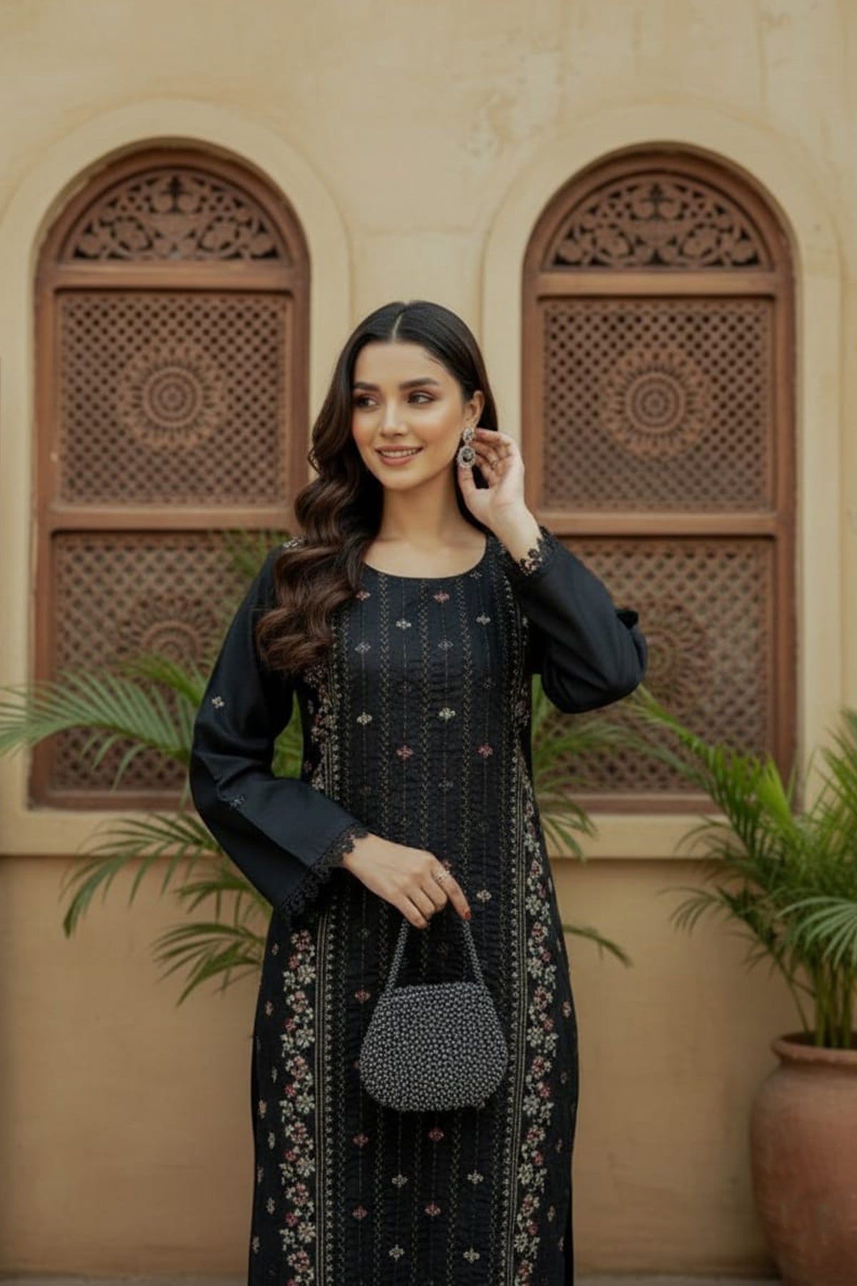 2Pc - Embroidered Solid Dress