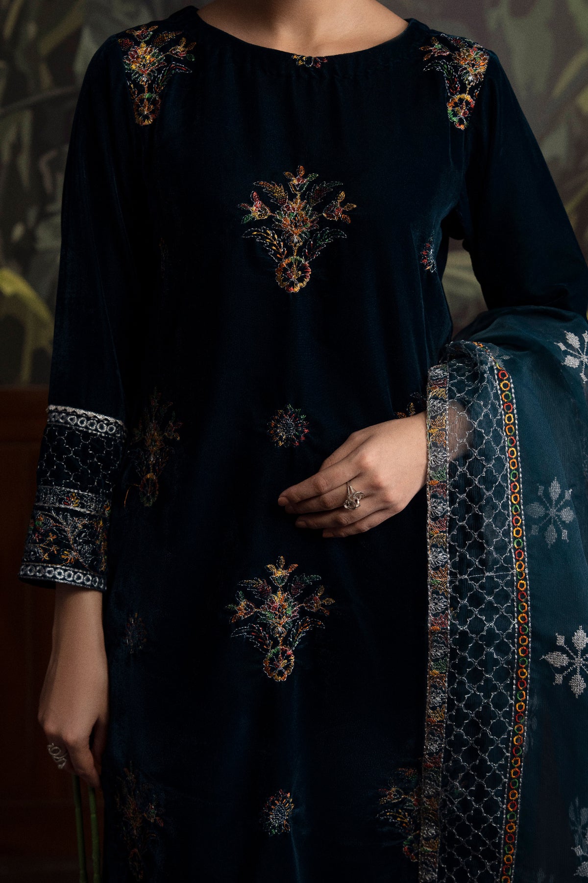 3 Piece - Embroidered Velvet Suit