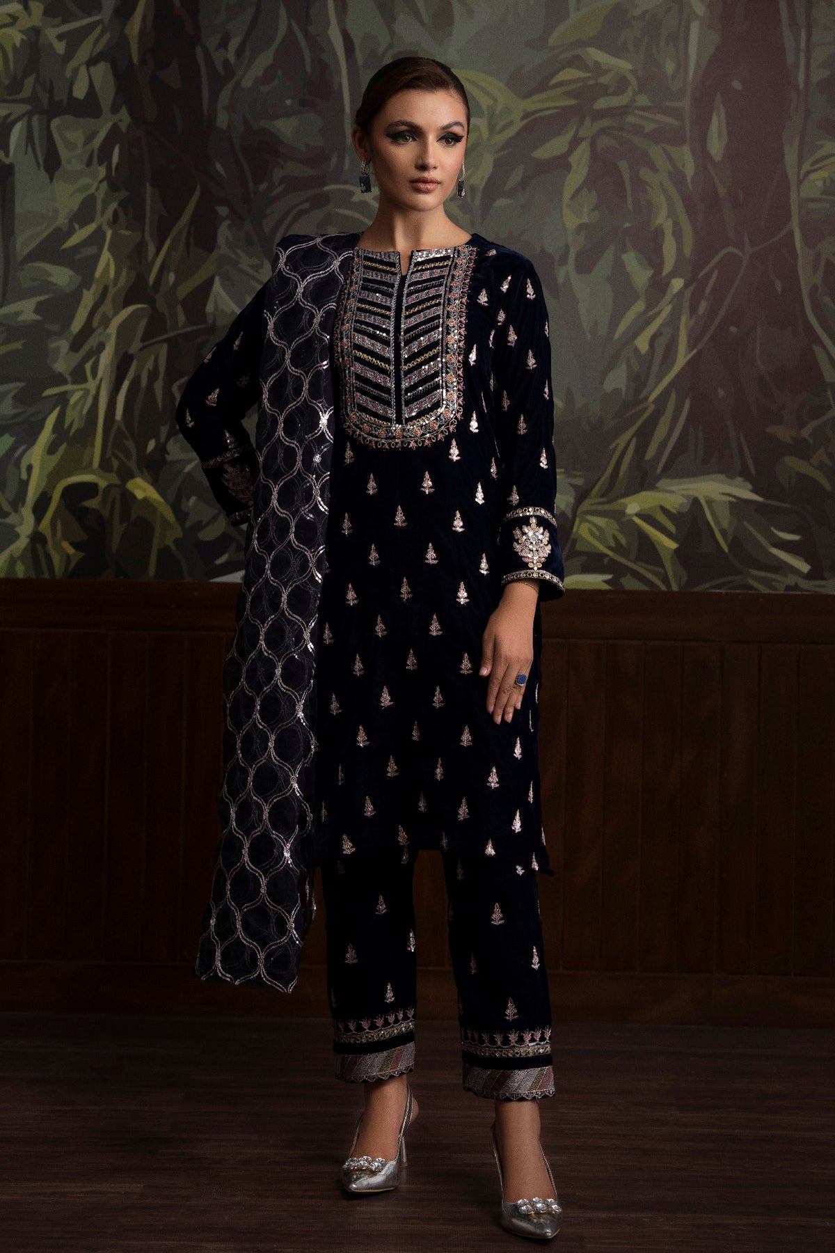 3 Piece - Embroidered Velvet Suit