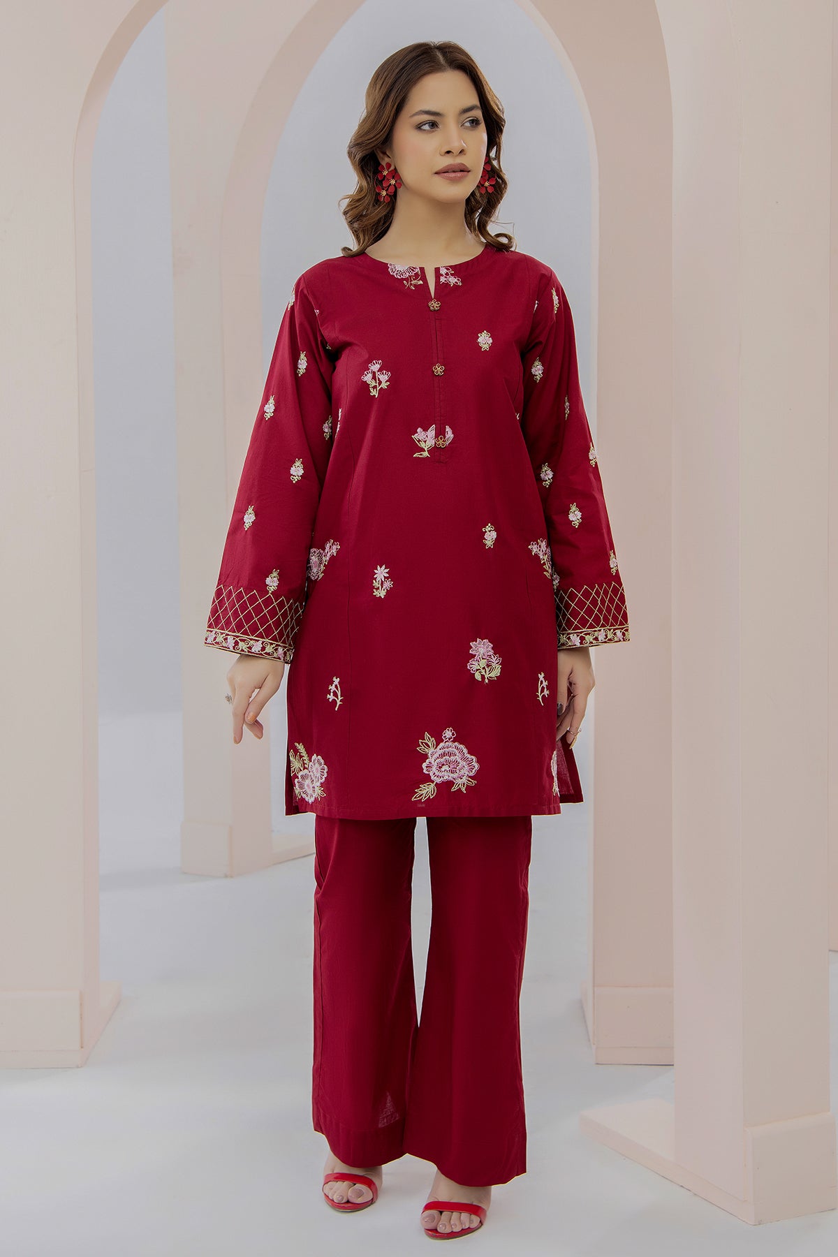 2Pc - Embroidered Solid Dress