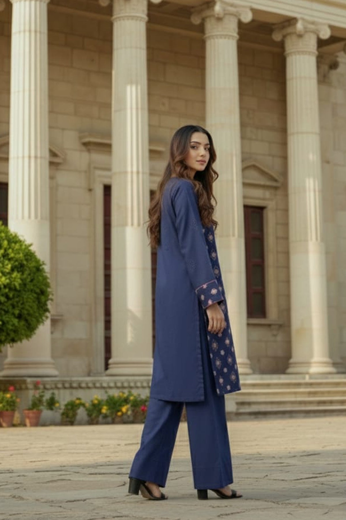 2Pc - Embroidered Solid Dress