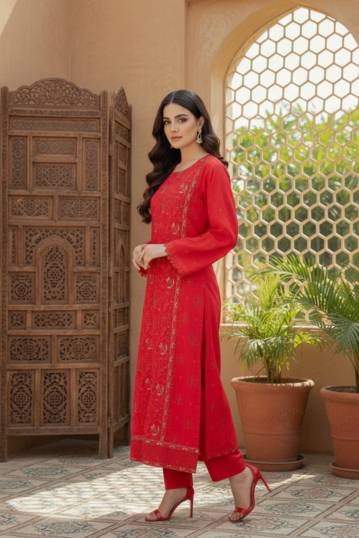 2Pc - Embroidered Solid Dress